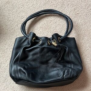 Michael Kors Black Leather Drawstring Hobo with Tassel